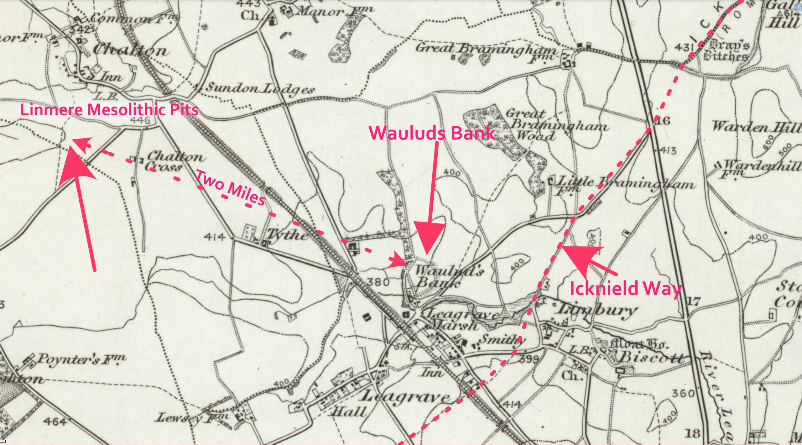 An old ordnance survey map of Leagrave Wauluds Bank and its proximity to the Linmere Pits and to the Icnield Way